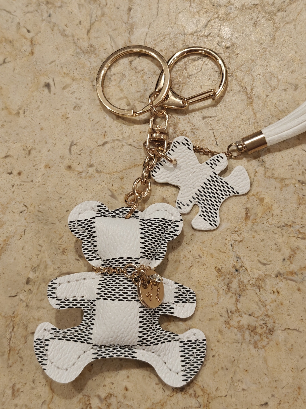 Gold-Tone White & Black Check Bear Keychain with Tassel